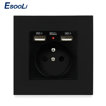 

Esooli Black Plastic Panel French Standard Electrical Wall Socket with 2 USB Outlet Wall Charger Adapter 86*86mm