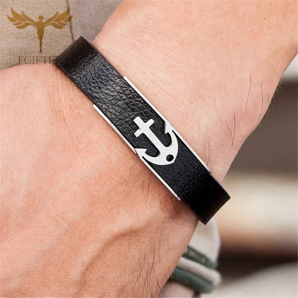New Arrival Stainless Steel Anchor Bracelets Shackles Black Leather