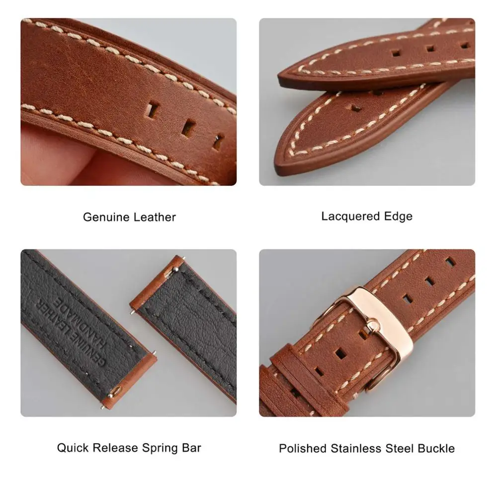 BISONSTRAP Watch Strap 18mm~22mm Genuine Leather Strap for Men Women Quick Release Replacement Belt Watchband Rose Gold Buckle