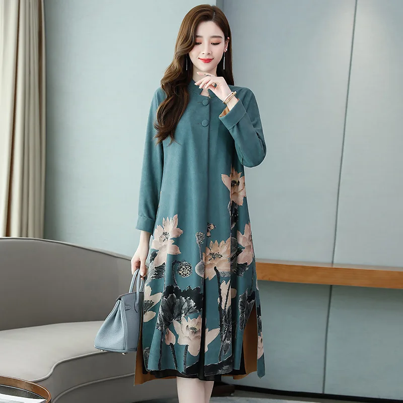 

WOMEN'S Dress Spring And Autumn 2019 New Style Popular Overcoat Vintage Printed Suede Trench Mid-length Short-height Coat