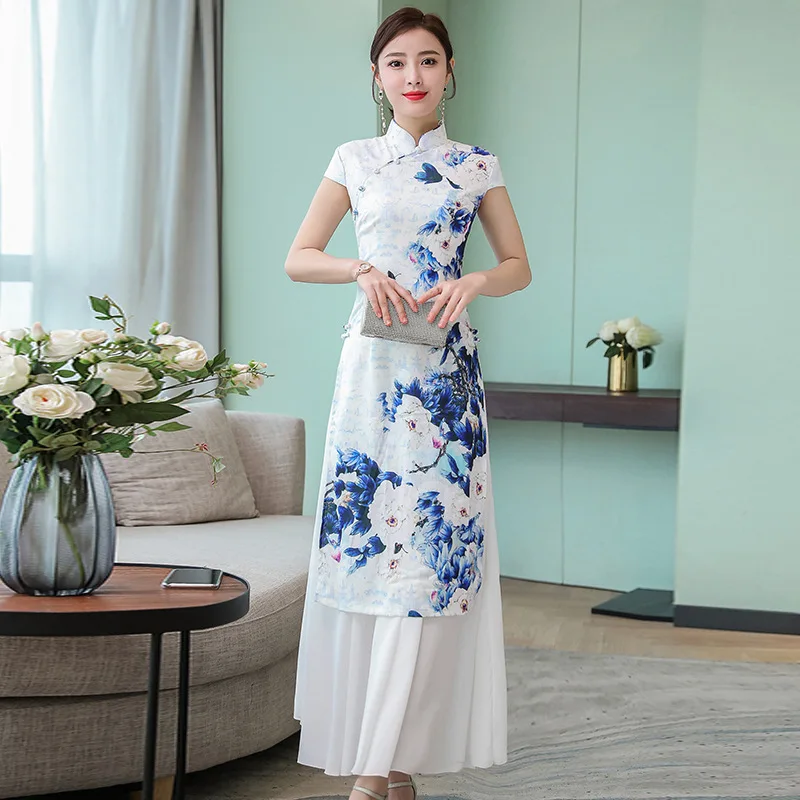 

Blue Pattern Improved Cheongsam Summer New Style Women's Viet Nam Audrey Dress Mid-length Retro Large Size WOMEN'S Dress