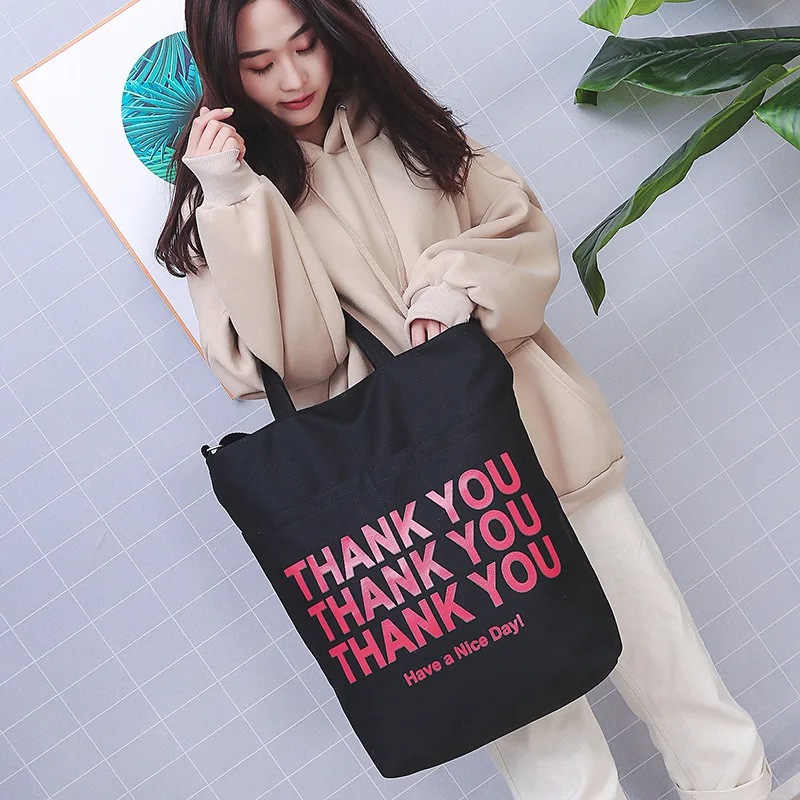 

2018 New Style Korean-style Women's Canvas Printed Letter Hand Large Bag Simple Women's Shoulder Bag Two-color