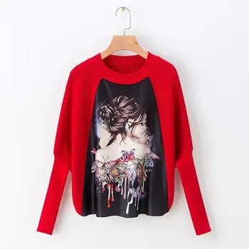 

Oriented Print Knitted Yarn Sweaters for Winter 2020 Women Round Neck Red Christmas Loose Sweaters Pullovers
