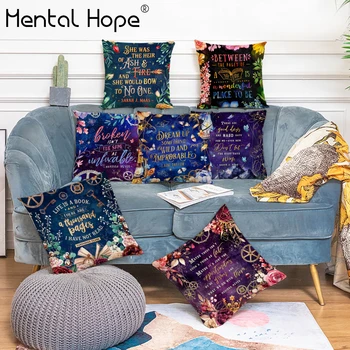 

Flower Print Cushion Cover Dark Color Letter Words Decorative Throw Pillow Cover Home Decor Living Room Square Pillowcase
