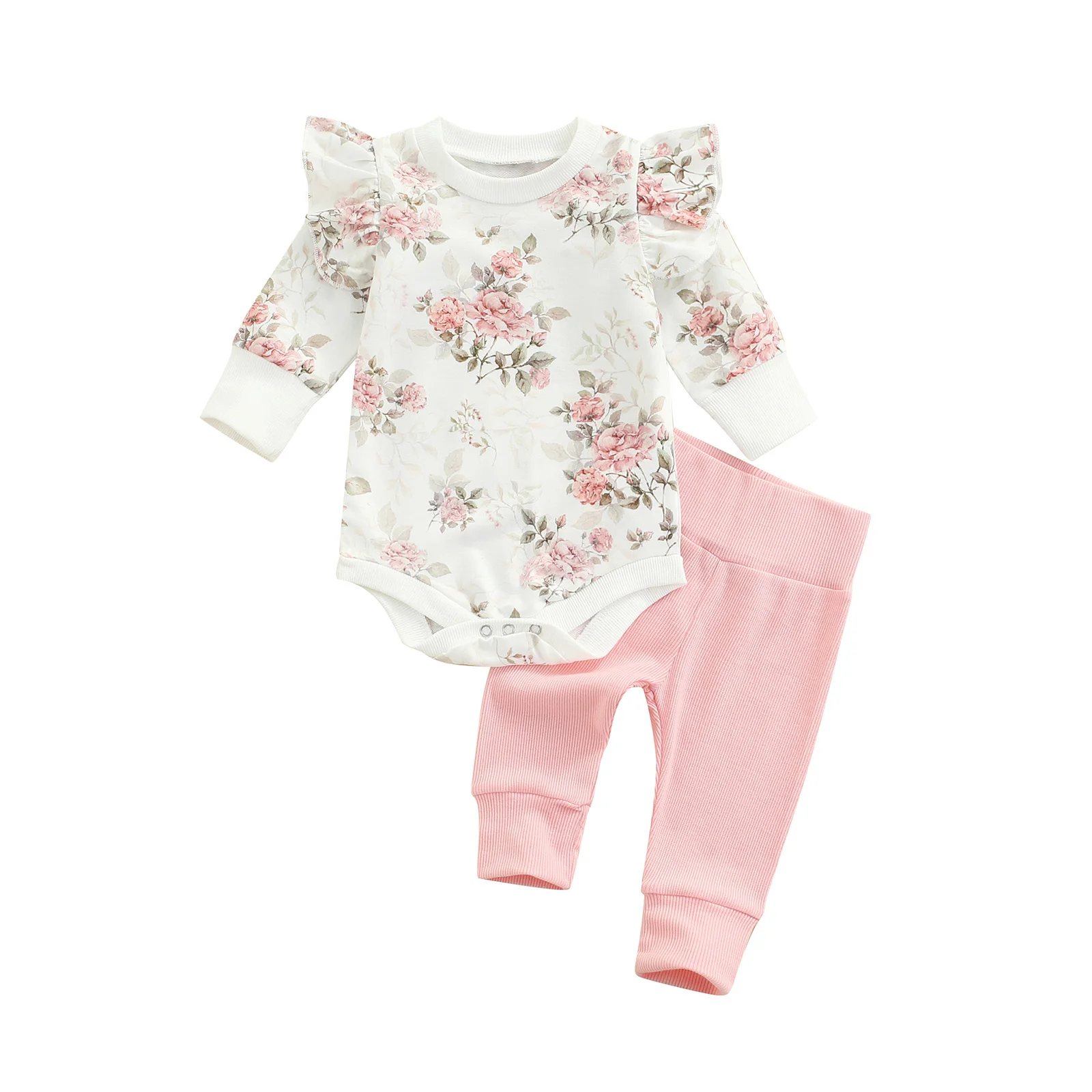 2 Pieces Baby Suit Set, Flower Print Round Neck Long Sleeve Romper+ Solid Color Trousers for Girls, 0-18 Months