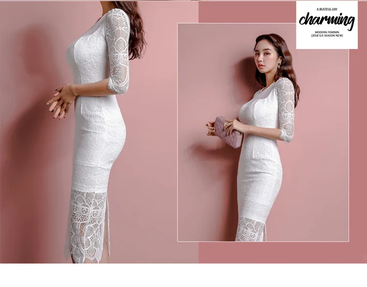 S-XL размера плюс Сетчатое лоскутное белое кружевное платье для женщин миди посылка облегающее осеннее платье для женщин три четверти облегающее платье