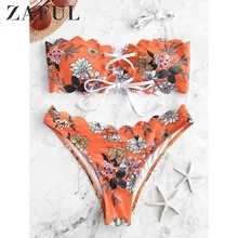ZAFUL комплект бикини с принтом маргаритки, на шнуровке, без бретелек, с открытыми плечами, бандо, бикини, купальник для женщин, сексуальный купальник