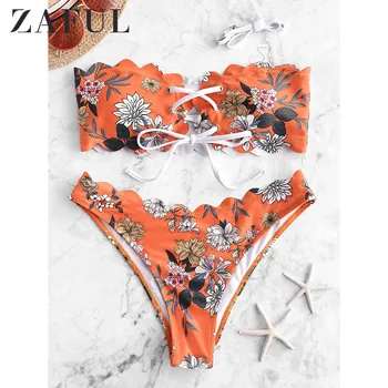 

ZAFUL Daisy Print Lettuce Lace-Up Bikini Set Strapless Off The Shoulder Bandeau Bikini Swimwear Women Sexy Bathing Suit 2019