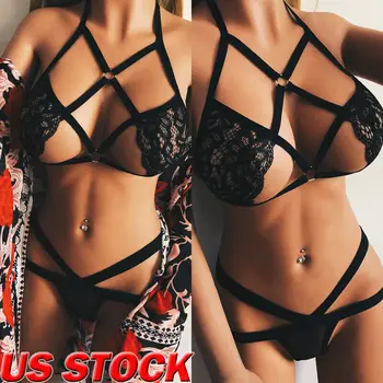 

US New Hot Women Ladies Sexy Lace Hollow Out Lingerie Set Nightwear Underwear Sleepwear G-string Bra