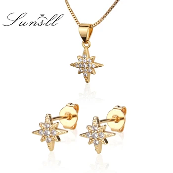 

SUNSLL Fashion gold copper jewelry set white cubic zircon geometric earring necklace set women wedding party jewelry pendant set