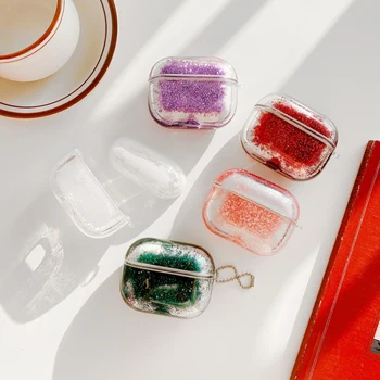 

For AirPods Pro Colorful Glitter Dynamic Liquid Quicksand Crystal Clear Case for AirPods 3 Transparent Earphone Cover with Chain