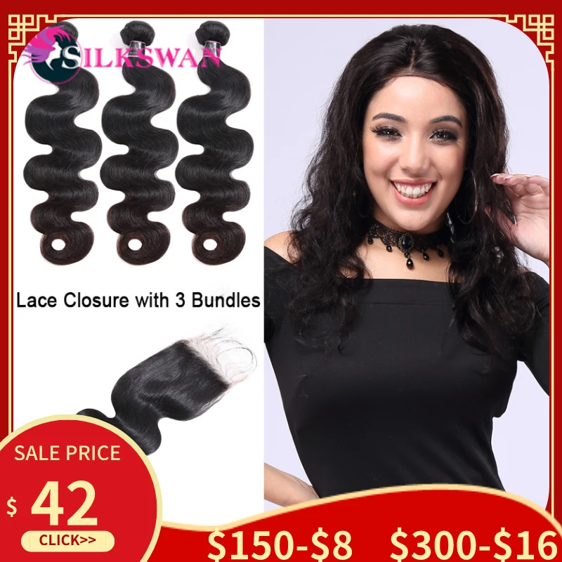 Tanie Silkswan brazylijski włosy doczepy typu body wave z zamknięciem 8 24 Cal darmowa wysyłka Remy włosy wiązki ludzkich włosów 4 sztuk partia włosy dla kobiet