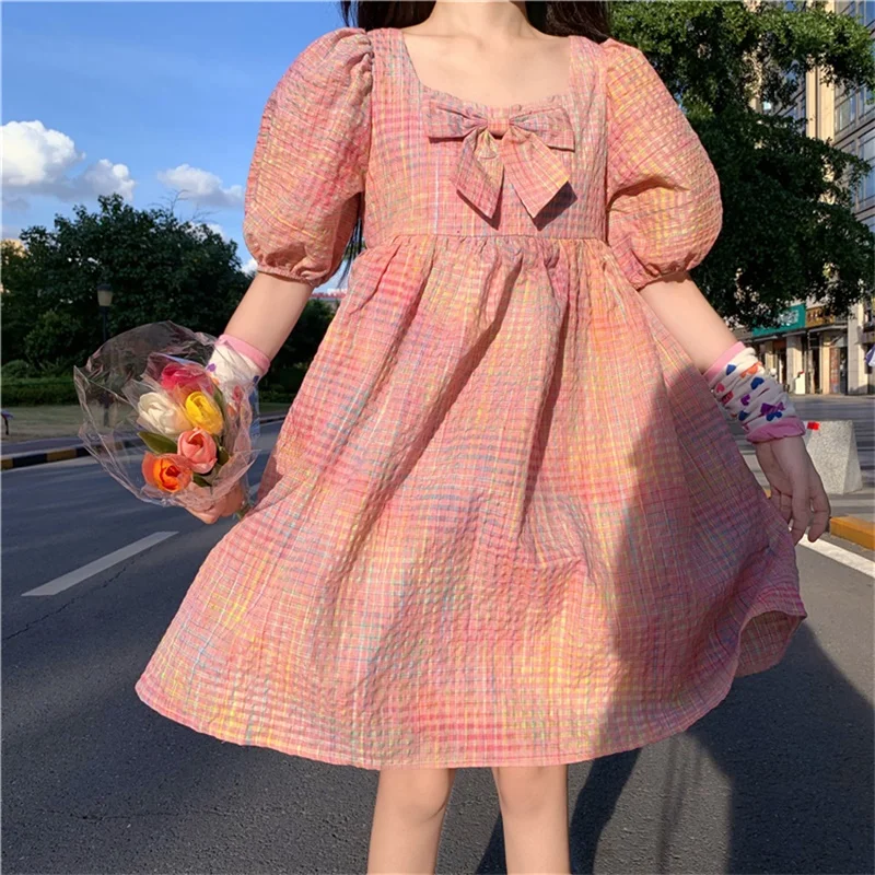 Japanese Sweet Kawaii Elegant Mori Girly Fairy Women Dress 2020 Summer Preppy Style Square Collar Bow Puff Sleeve Ruffles Female