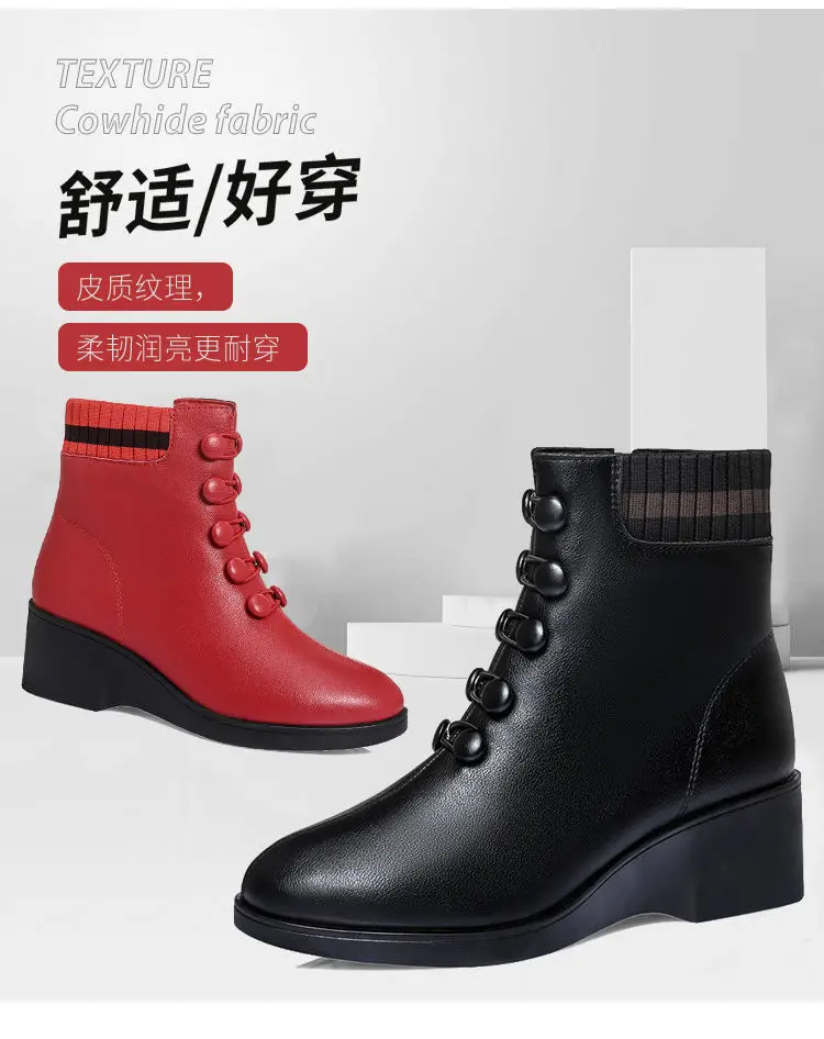 Knöpfe rote Keil Socken Stiefel für Frauen Winter Fell gefüttert Kunstleder Schuhe weibliche Stiefeletten Damen Stiefeletten Frau Plattform Stiefel – Detail 8
