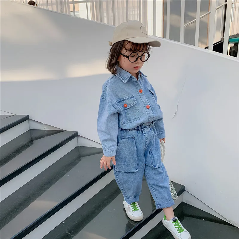 

Children 2020 Spring New Boys and Girls Long Sleeve Jeans Top+pant Two Pieces Sets Toddler Baby Casual Big Pocket Cotton Set