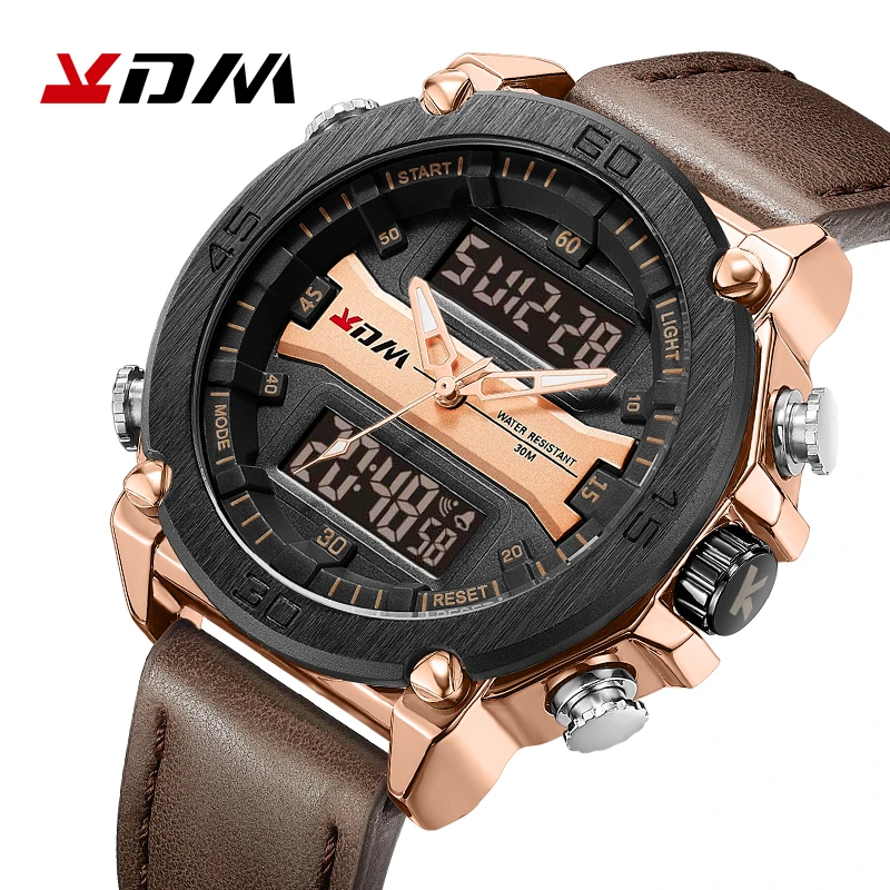 

KDM Men Watches New Arrival LCD Backlight Dual Quartz Digital Display Alloy Case Leather Band Male Wristwatch Reloj Hombre 2019