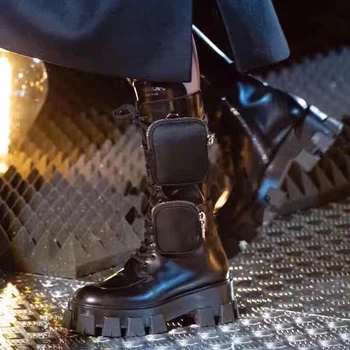 

Woman Platform Punk Boots With Pockets Black Leather Round Toe Lace up Ankle Boots For Woman Biker Knight Thick Bottom Boots