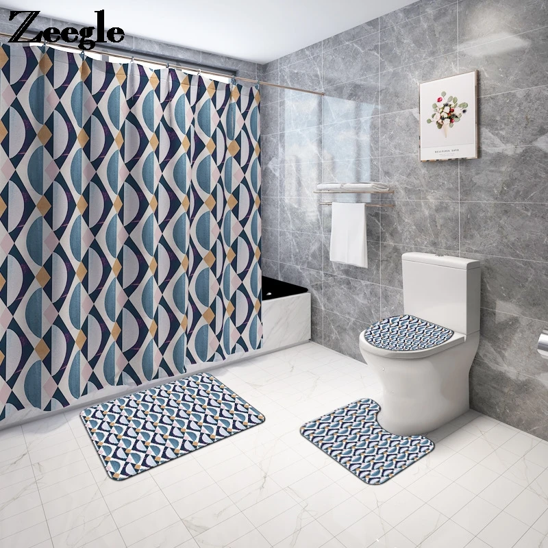 Geometric Pattern Bath Mat Non-slip Shower Room Curtain Waterproof Toilet Floor Mat Microfiber Bathroom Carpet Rugs