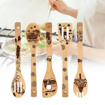 

6pcs Christmas Bamboo Cutlery Set Portable Tableware Wooden Cutlery Fork Spoon Knife Set For Travel Kitchen Accessories