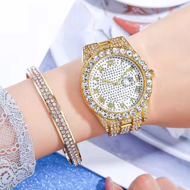 Simple Watch for Women Luxury Fashion Full Iced Out Watch Men Gold Rhinestone Quartz Wristwatch Relogio Masculino Couple Watches