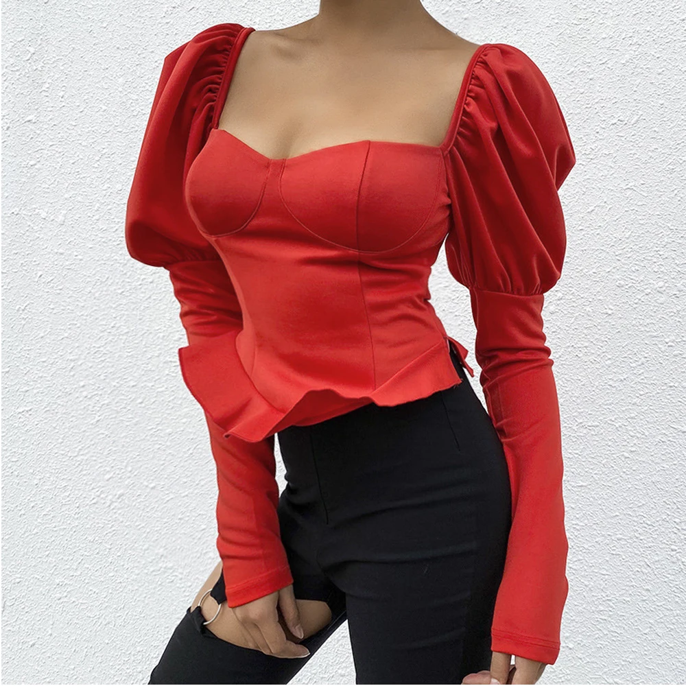Красный Women Ladies Solid Long Sleeve T-shirts Puff Sleeve Square Neck Slim Bodycon Slim Sexy Casual Pullovers Tops - Цвет: Красный
