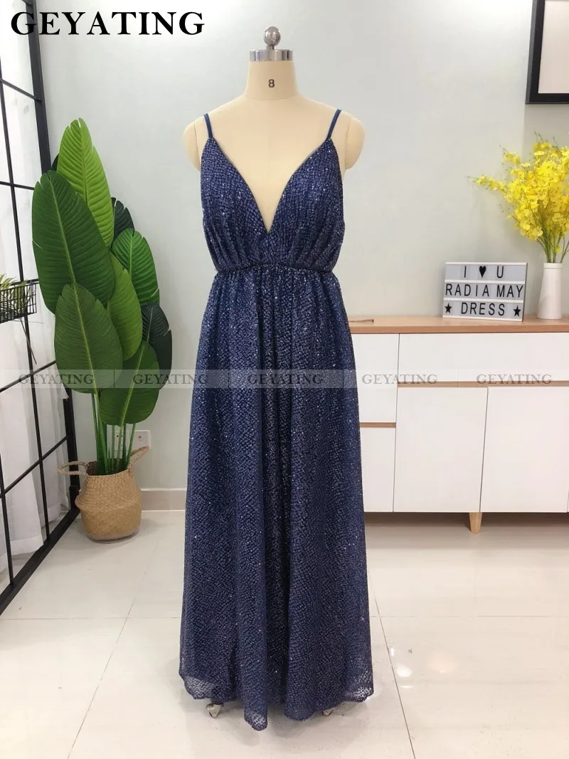 Navy Blue Сексуальные платья на тонких бретелях с v-образным вырезом и открытой спиной для выпускного вечера розовое Золотое длинное вечернее платье трапециевидной формы цвета шампанского вечерние платья - Цвет: Navy Blue