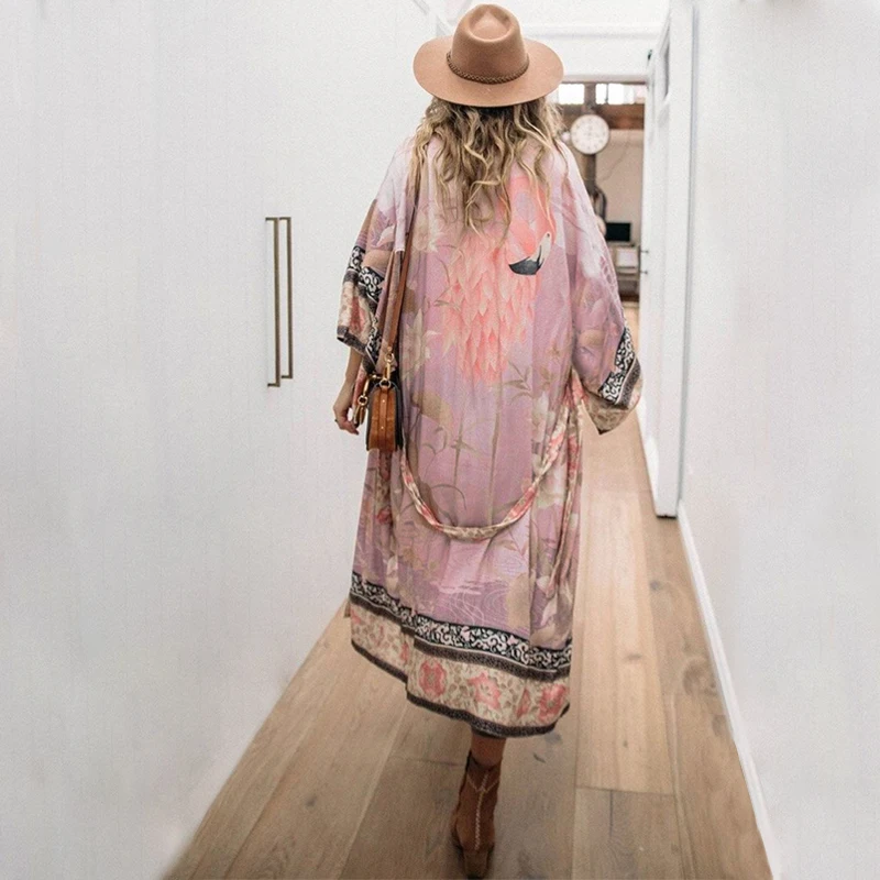 2021 Bohemian Bikini Sweet Lady Pink Boho Print Self Belted Front Open Long Kimono Dress Beach Tunic Women Wrap Dreses N996