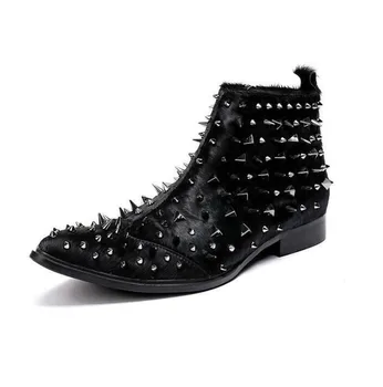 

Men Vogue Punk Spikes Studs Horse Hair Bikers Chelsea Ankle Boots Shoes Genuine Leather Plus Size Black New 2020