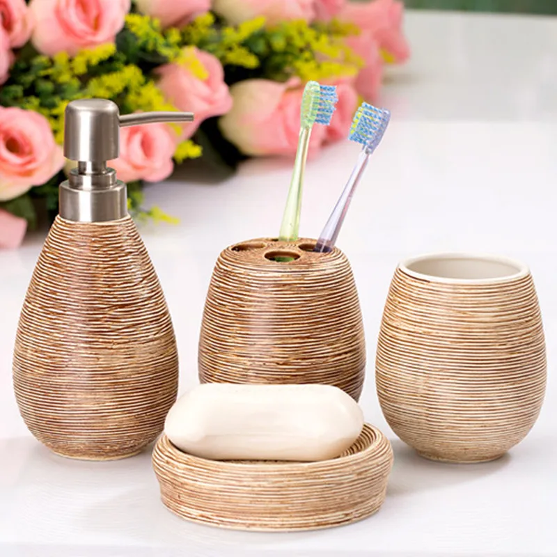 Bathroom Ceramic Set Shampoo Dispenser Bottle Soap Dish Toothbrush Holders Rinse Cup Bathroom Accessories Set Soap Dispenser Bathroom Accessories Set