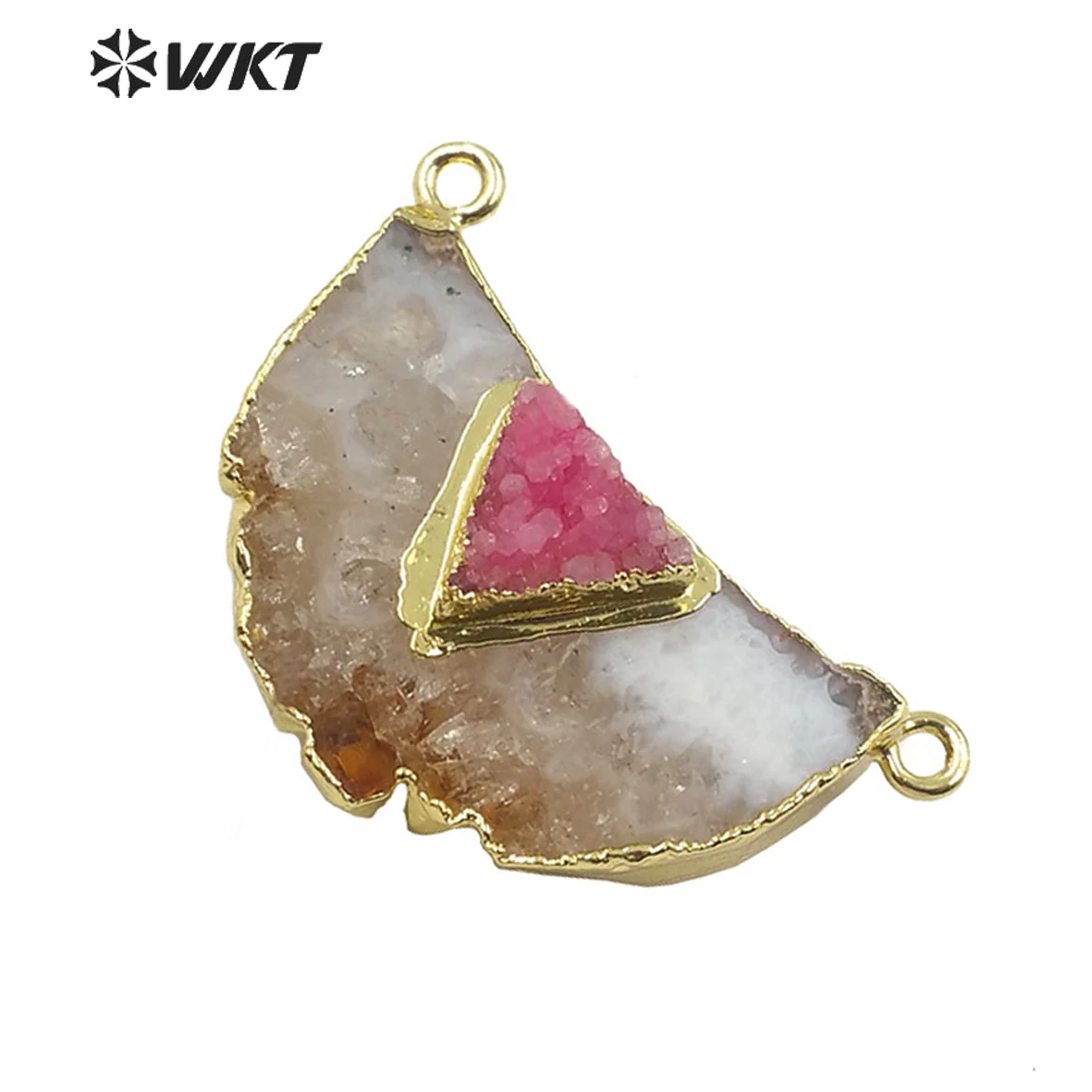 

WT-P1514 Multicol Triangle Stone Pendant Yellow Stone With Druzy Quartz Charm Gold Electroplated Double Loops Pendant Jewelry