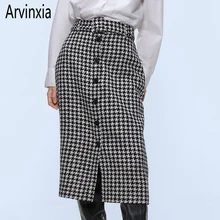 Arvinxia ZA Модные женские юбки в клетку с высокой талией, сексуальные свободные юбки с поясом, Новые поступления, геометрические пуговицы, женские юбки с разрезом