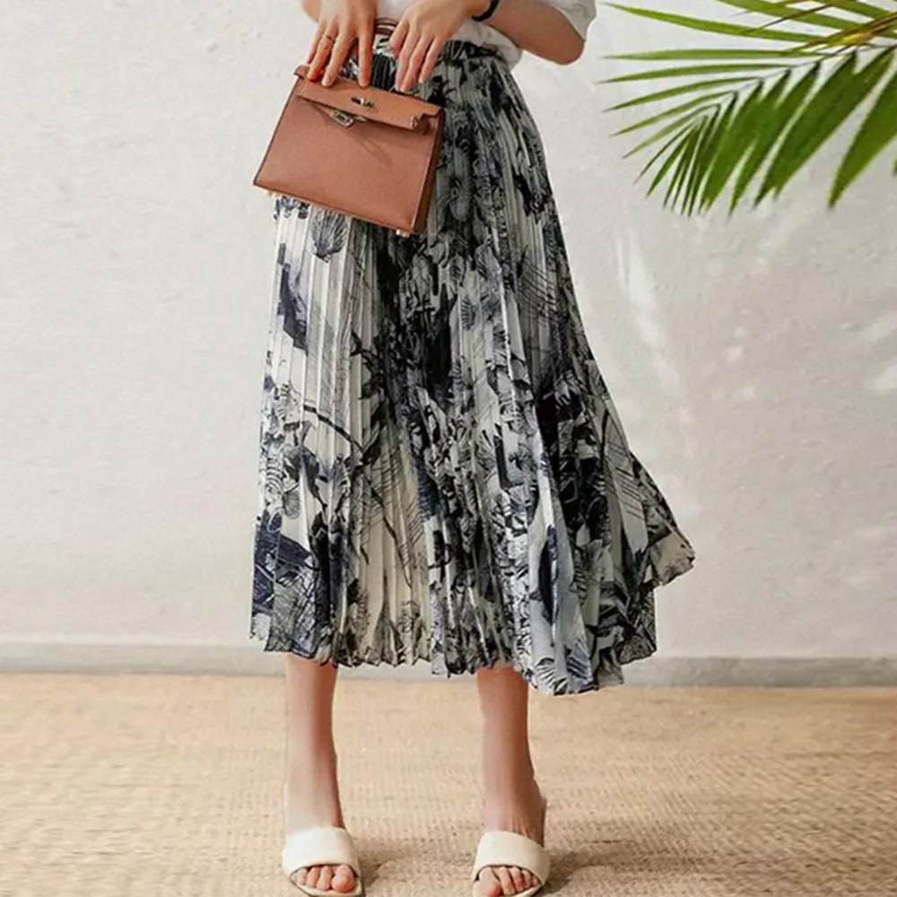 

Spring Autumn Ink Painting Retro Skirts Midi High Waist Pleated Skirt Women Chiffon Robes TJR2268