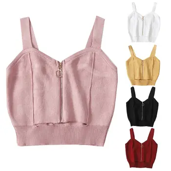 

Women Summer Sleeveless Knitted Crop Top Zipper Up Sexy V-Neck Solid Color Cami Sweater Cutout Waist Slim Vest Clubwear