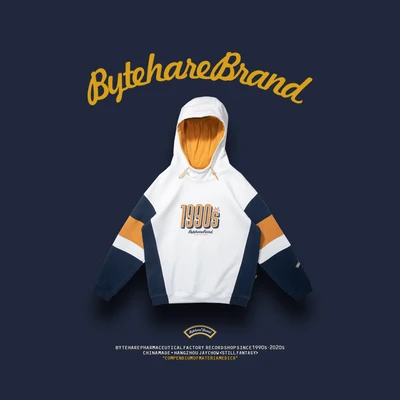 ByteHare Play Drug Bureau's Nostalgic 1990s ретро флисовая утолщенная контрастная цветная толстовка с капюшоном для мужчин и женщин - Color: White dark blue