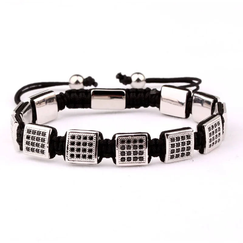 CZ Pave Square Brass Beads Braided Men Jewelry Wrap Adjustable Bracelet - Image 4