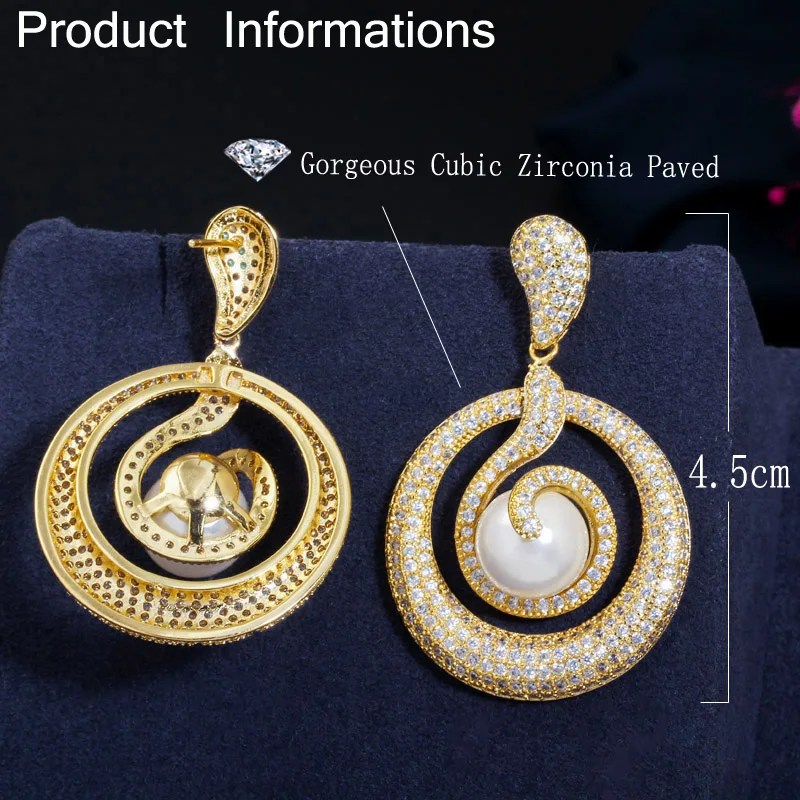CWWZircons, блестящие разноцветные Круглые висячие серьги с цирконием и леопардовой змеей с жемчугом, роскошные женские вечерние ювелирные изделия CZ634