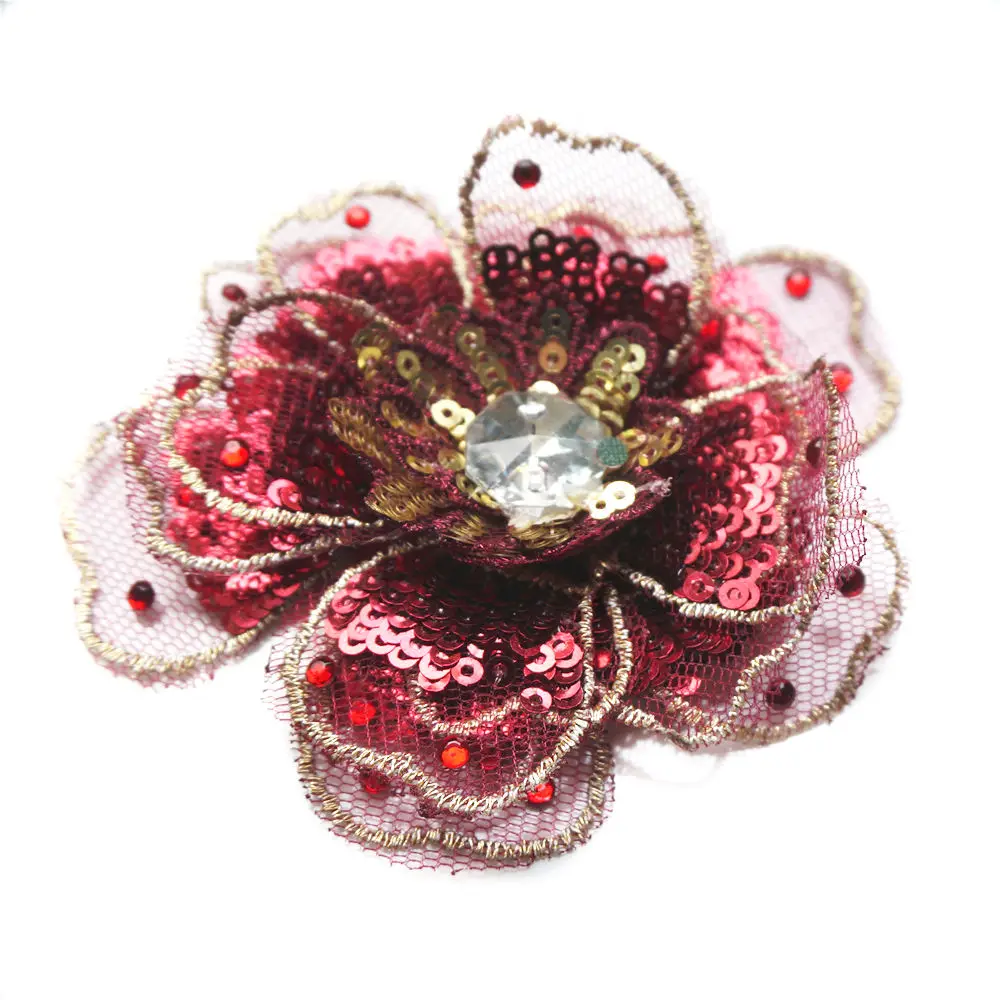 

8CM Wine Red Sequin Embroidered 3D Flower Head Sew On Patch Mesh Multilayer For Wedding Appliques Dress DIY