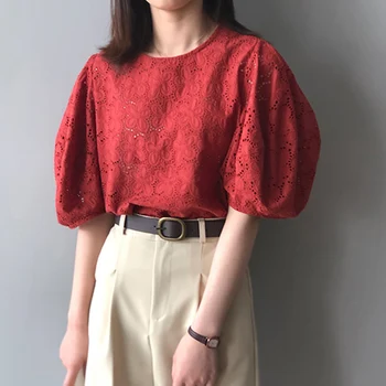 

Korean Style Women High Quality Puff Sleeve 100% Cotton Hollow Out Embroidery Blouse All-match Sweet Loose Tops