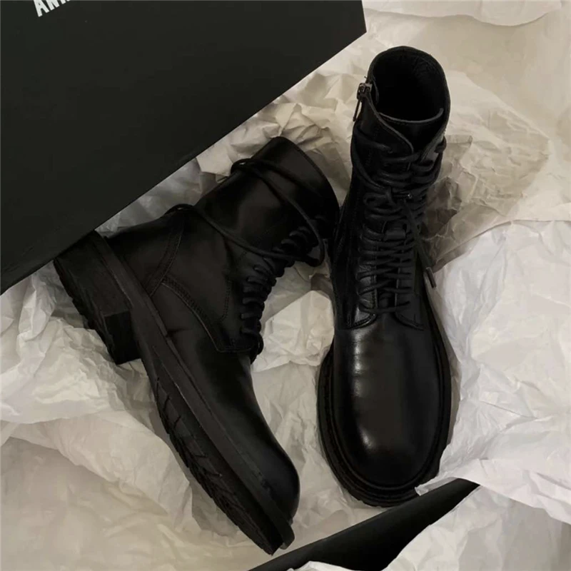 

2019 New Winter Motorcycle Boots Women British Style Ankle Boots Gothic Punk Genuine Leather Lace Up Equestrian Women Shoes