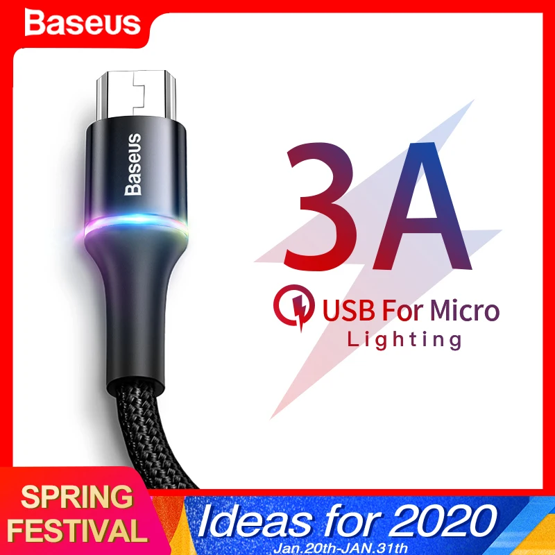 Baseus LED Lighting Micro USB Cable 3A Fast Charging Charger Microusb Cable For Samsung Xiaomi Android Mobile Phone Wire Cord 3m