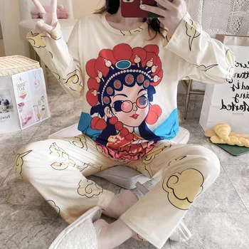

Fashion Chinese style Beijing Opera Print graphic Women's Home Kawaii Autumn/winter pajama set Lovely pajama two-piece set