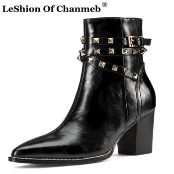 

Punk Rivets Studded Boots Shoes Women Pointed Toe Buckle Strap Genuine Leather Boots Chunky Heel Black Brown Autumn Winter Shoes