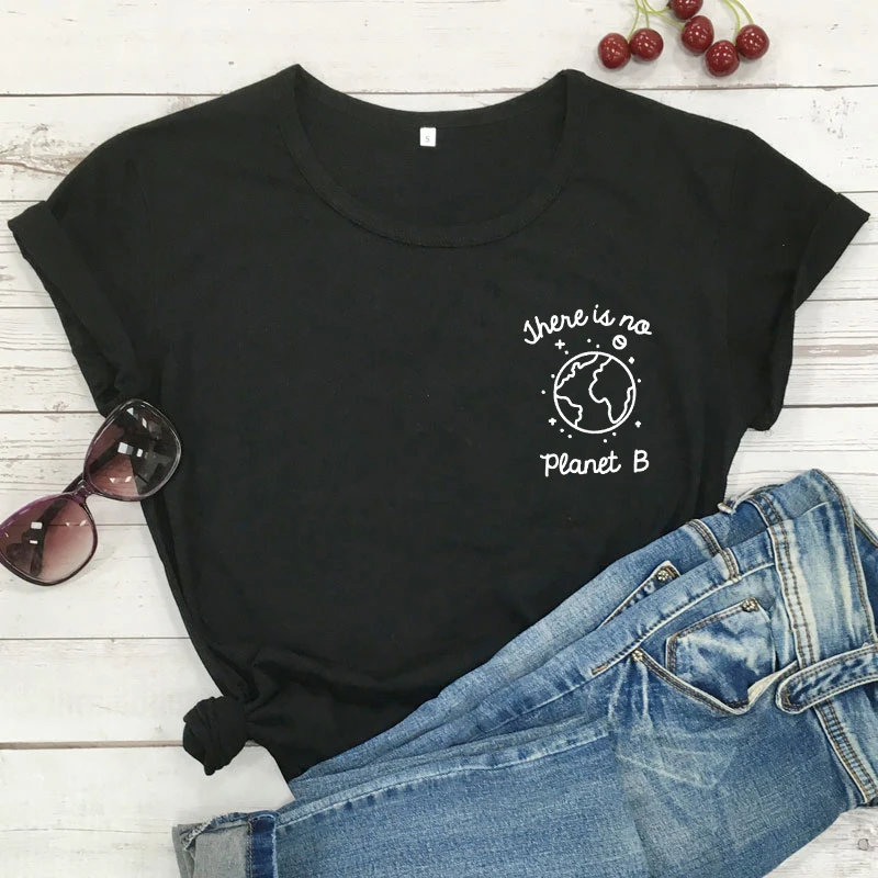 Стильная летняя футболка с принтом «Нет планеты в», этическая женская футболка с круглым вырезом и надписью размера плюс - Цвет: black-white text