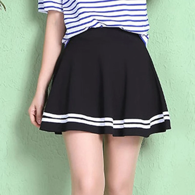 High Waist Pleated Skirts Women New Korean Striped A-line Mini Skirt Female Elastic Waist Sweet Girls Dance Skirt