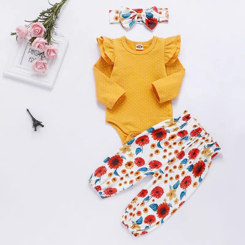 Осенние комплекты одежды для новорожденных девочек, модный костюм из трех предметов с длинными рукавами для девочек, штаны с цветочным принтом, повязка на голову
