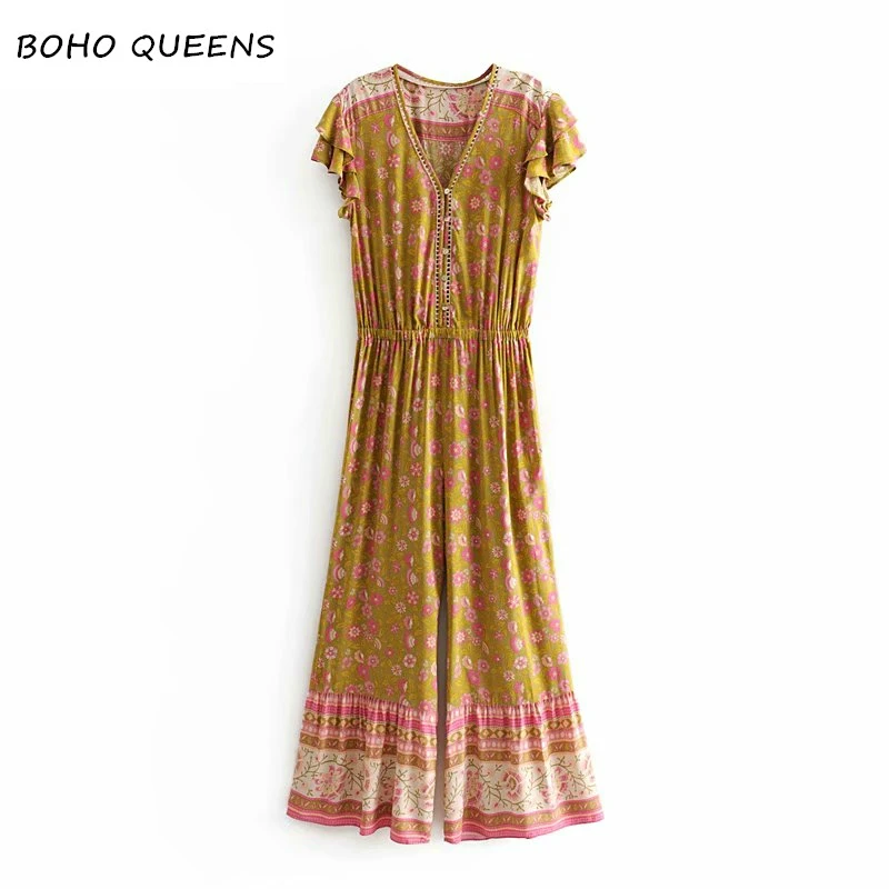

Boho chic women Boho Bodysuits floral print lace-up elestic waist short sleeve v-neck bohemian rayon Playsuits Jumpsuit