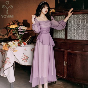 

YOSIMI Long Dress for Women Summer Dress 2020 Chiffon Evening Party Embroidery Ankle-Length Fit and Flare Long Sleeve Red Dress