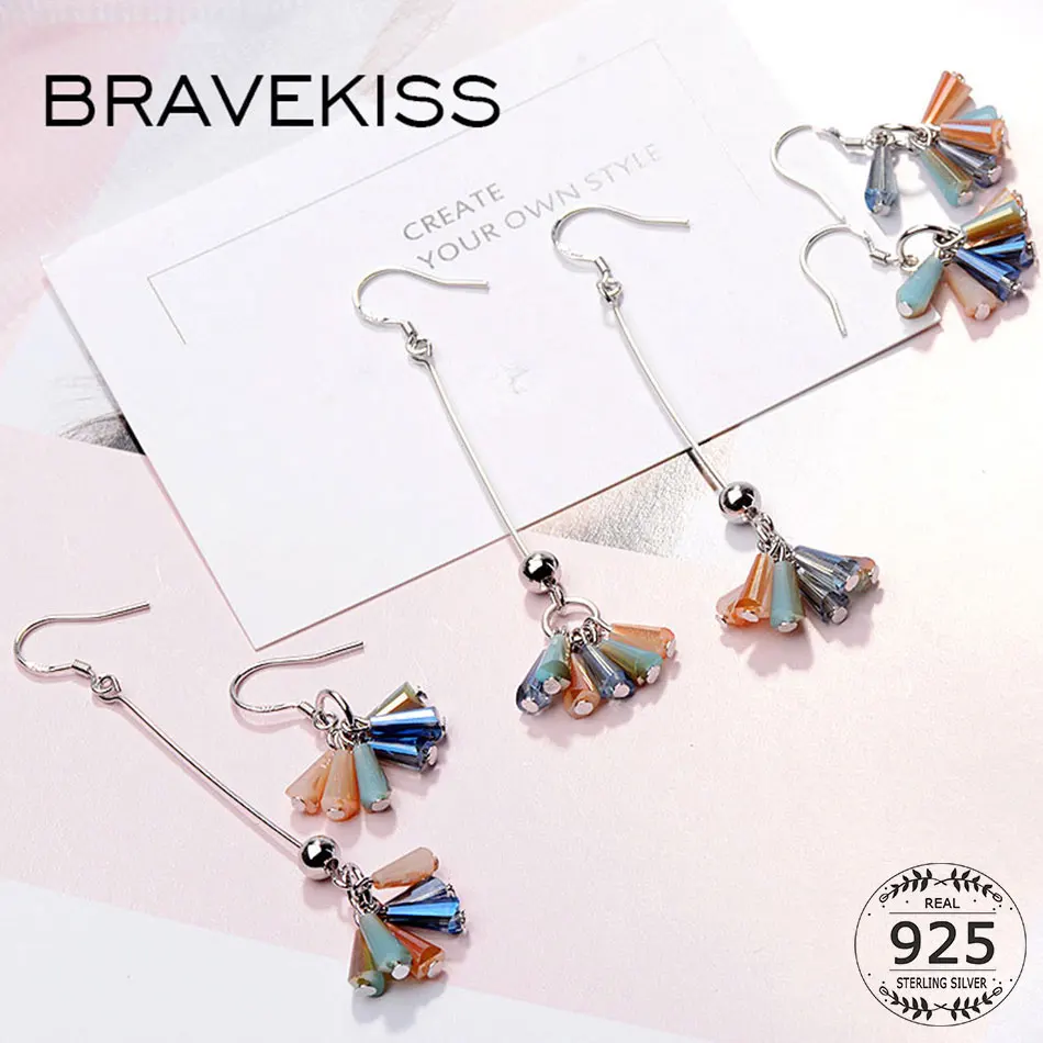 BRAVEKISS цветные Асимметричные 925 Висячие серьги из серебра пробы с кисточками для