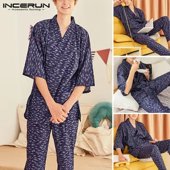 

Men Casual Sleepwear Suits Men Printed Pajamas Sets Half Sleeve V Neck Homewear Kimono Long Pants Harajuku Nightwear Plus Size
