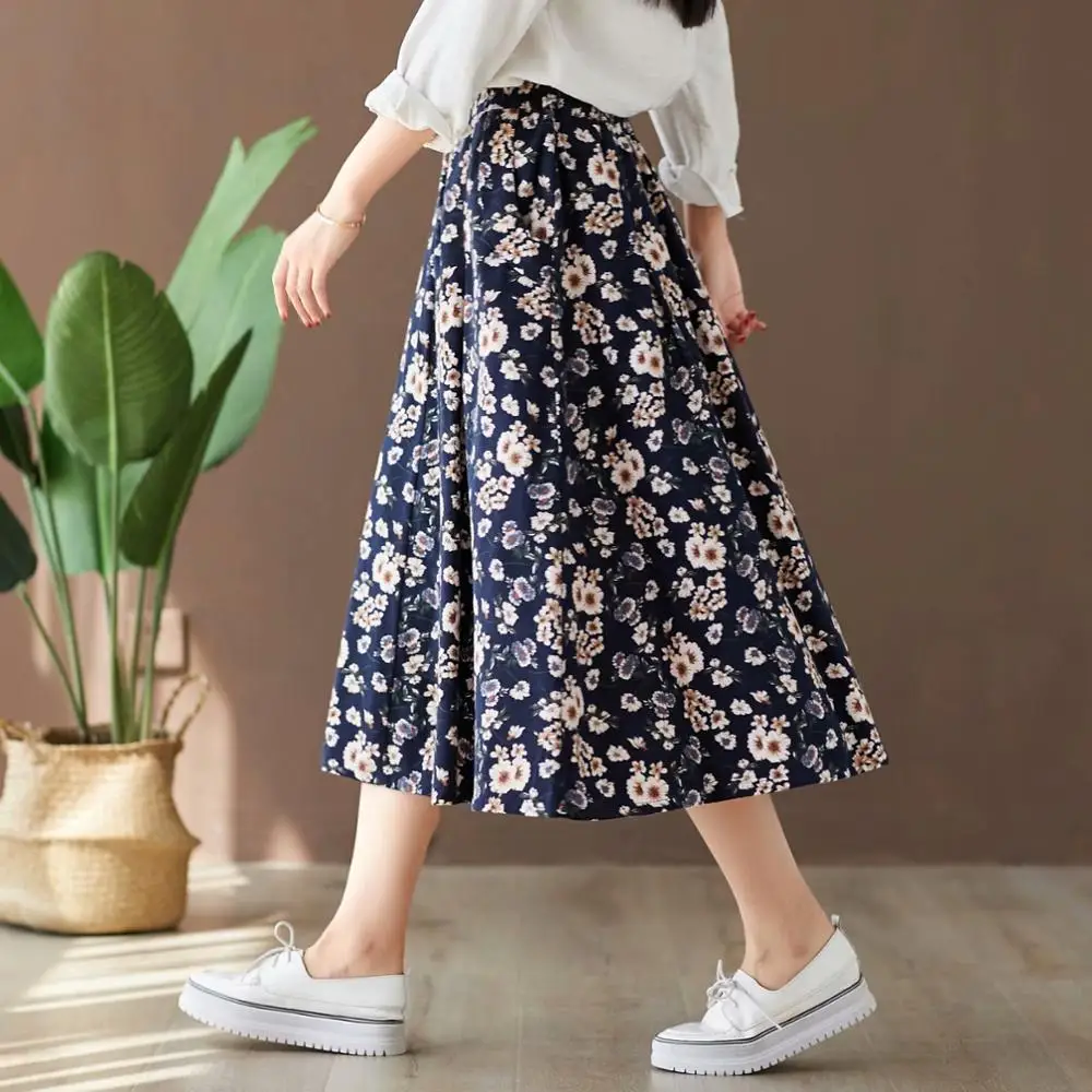KYQIAO faldas mujer moda длинные юбки женские осень весна японский стиль длинные принтованные трапециевидные бюст юбка - Цвет: style 1